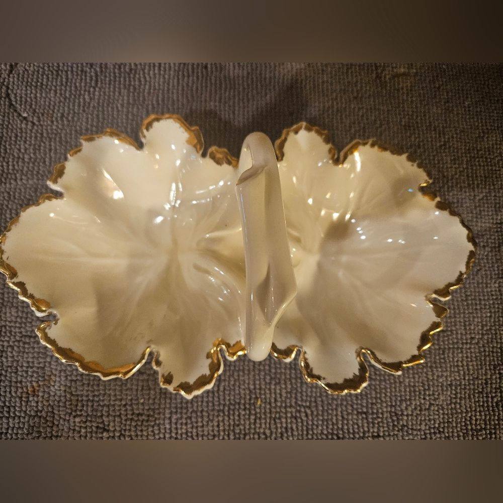 USA Pottery Cream and Gold Edged Two Bowl Ceramic Candy Dish
